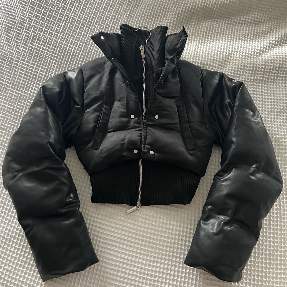 Maniere de voir vegan leather puffer sleeve layered jacket